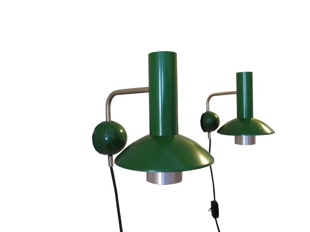 20th Century Danish Modern Pair of Spun Aluminium Louis Poulsen Sconces in Green