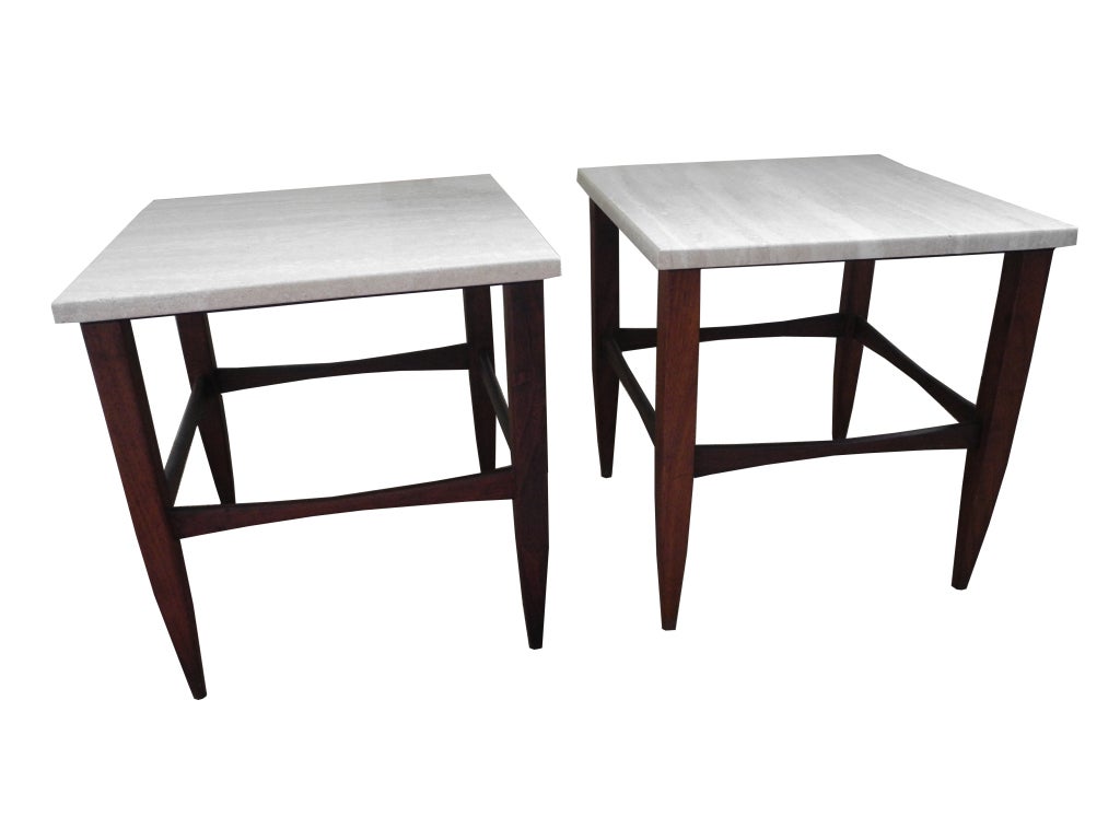 These tables work as nightstands, two small coffee tables put together or a pair of side tables. The tops are newly filled, travertine.