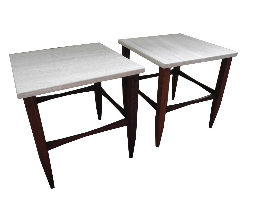 American Pair of Travertine and Walnut Tables