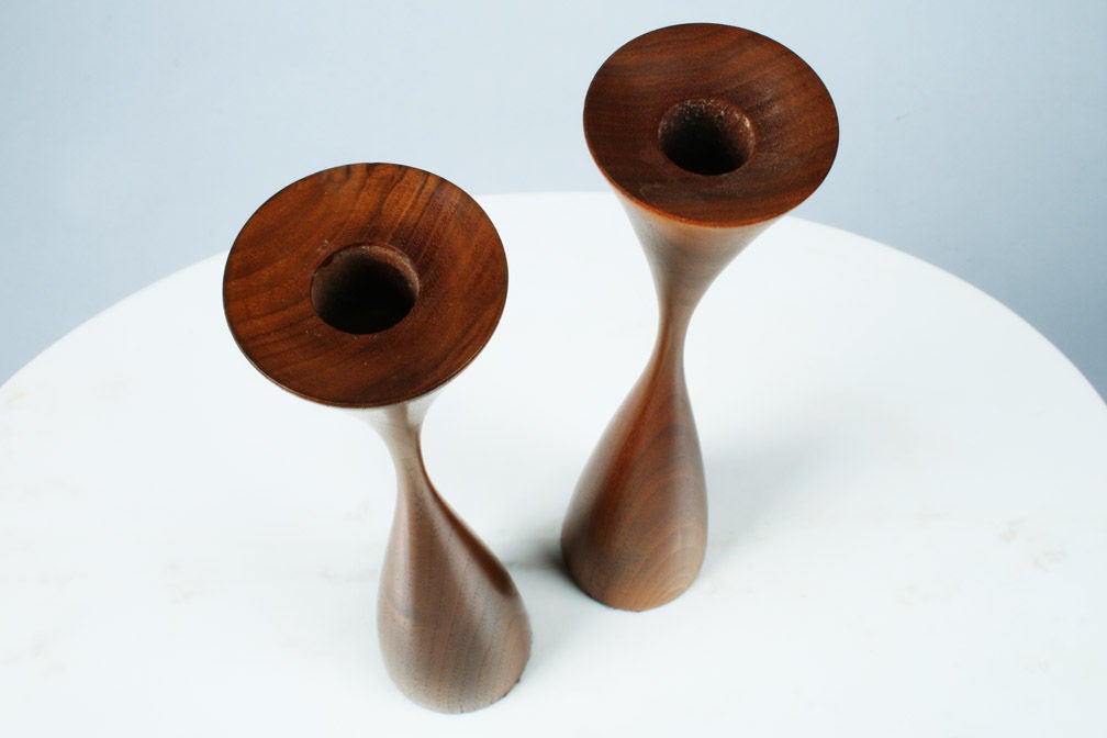 American Pair of Hand Turned Walnut Candlesticks by Rude Osolnik