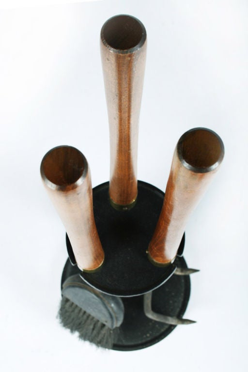 Mid-20th Century American Walnut and Wrought Iron Firetools by Seymor Manufacturing Company For Sale