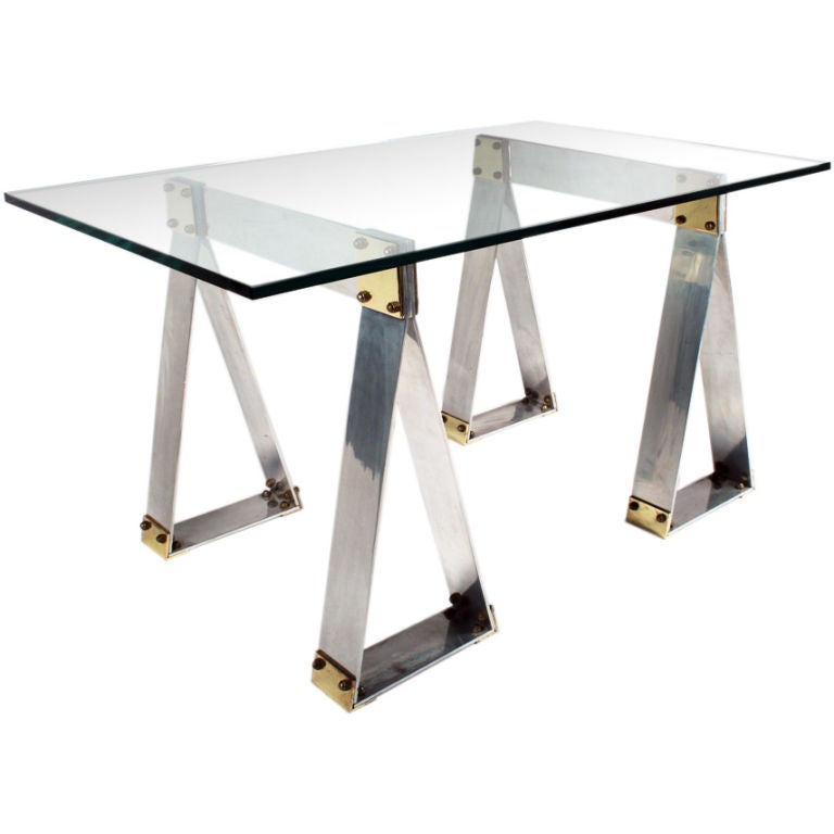 French Polished Aluminum and Brass Saw Horse Base Writing Table