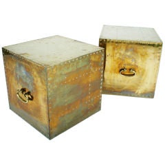 Pair of Studded Brass Cube Occasional Tables by Sarreid