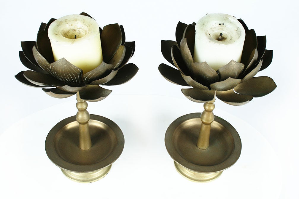 Hong Kong Pair of Brass Lotus Blossom Candlesticks