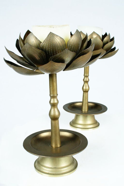 Late 20th Century Pair of Brass Lotus Blossom Candlesticks