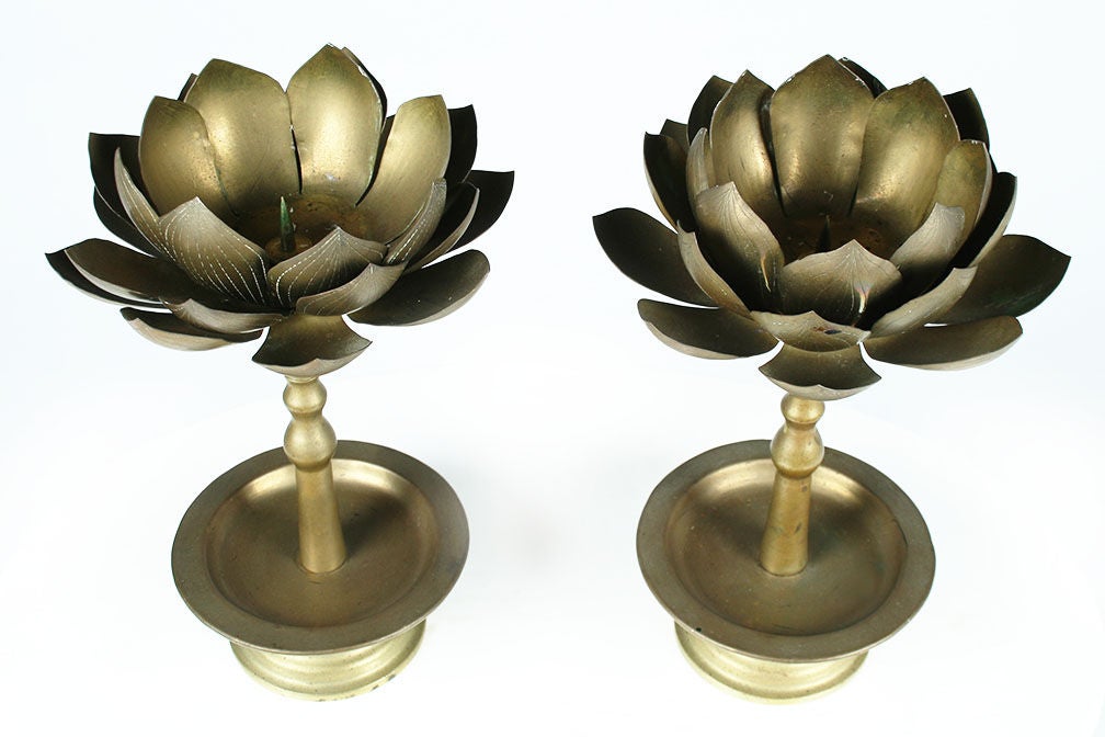 Pair of Brass Lotus Blossom Candlesticks 1