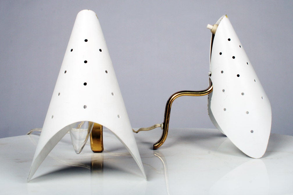 Mid-Century Modern Italian Perforated Cone Bedside Table Lamps after Angelo Lelii For Sale