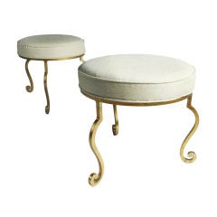 Pair of Upholstered French Curve Leg Gilt Wrought Iron Stools