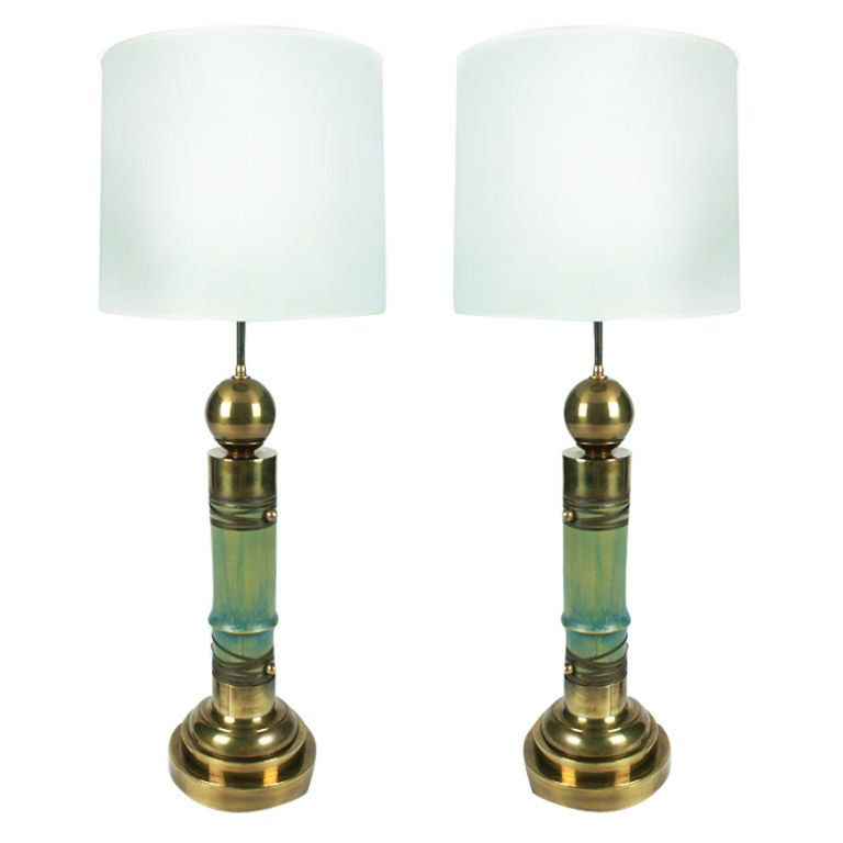 Pair of Faux Bamboo Brass Table Lamps by Chapman For Sale