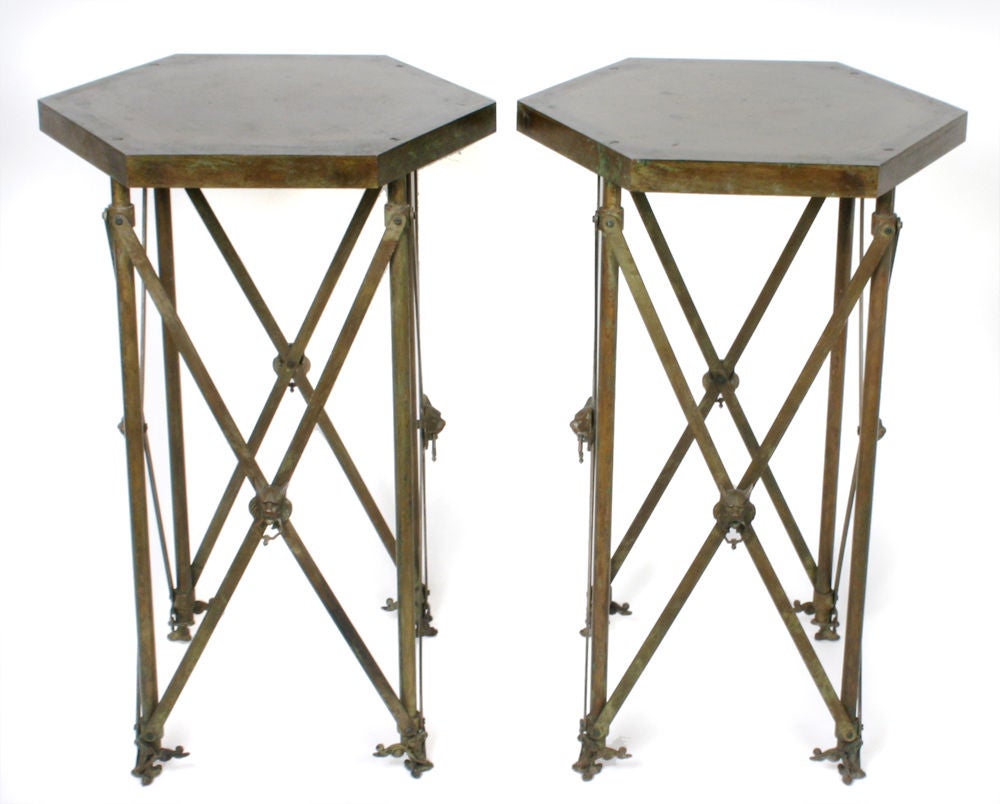 American Pair of Patinated Brass Tall Hexagonal End Tables