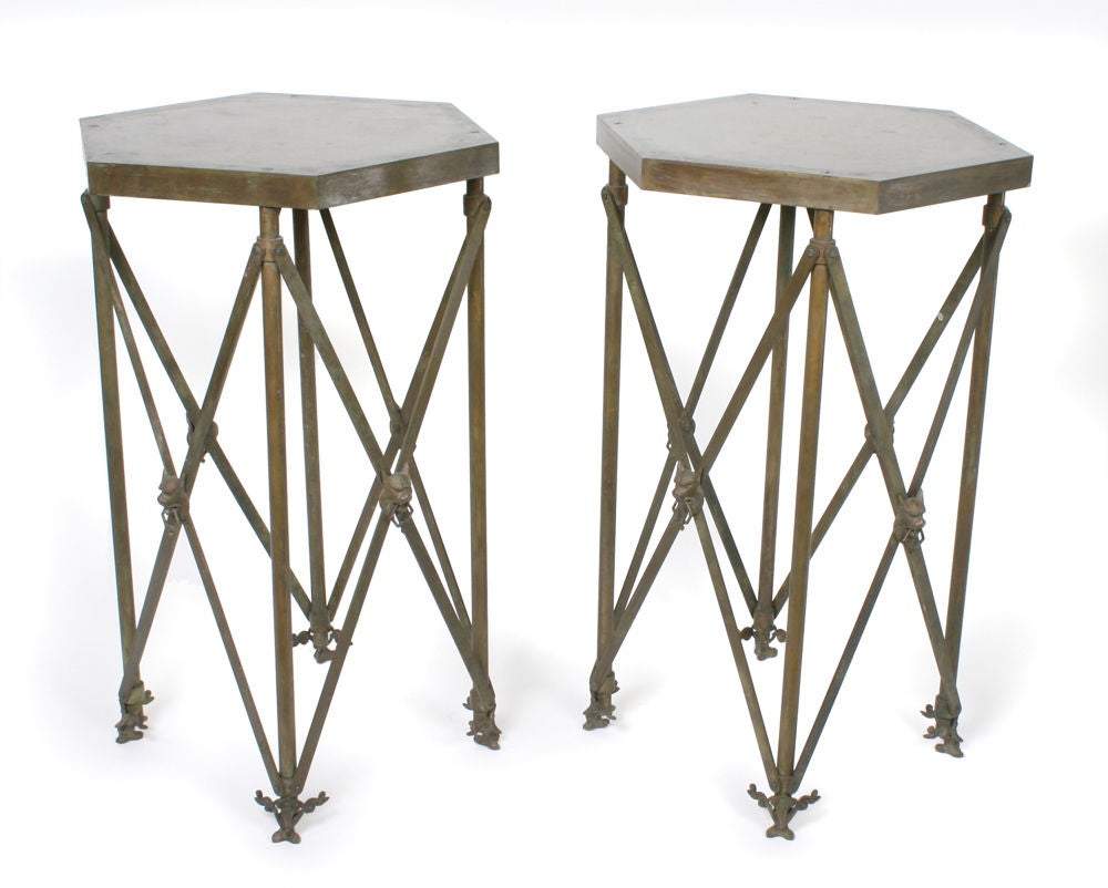 Mid-20th Century Pair of Patinated Brass Tall Hexagonal End Tables