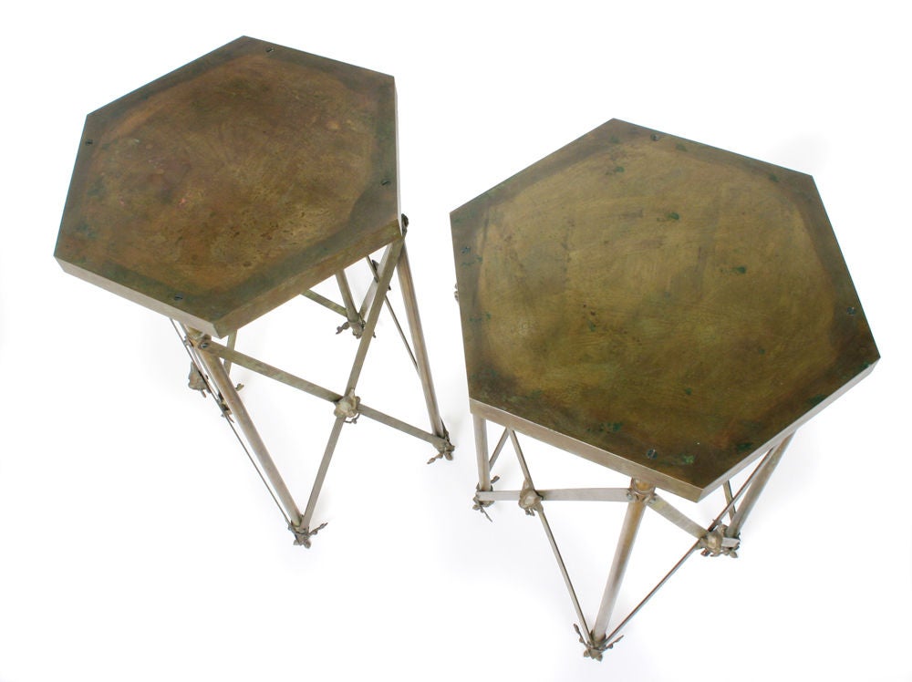Pair of Patinated Brass Tall Hexagonal End Tables 1
