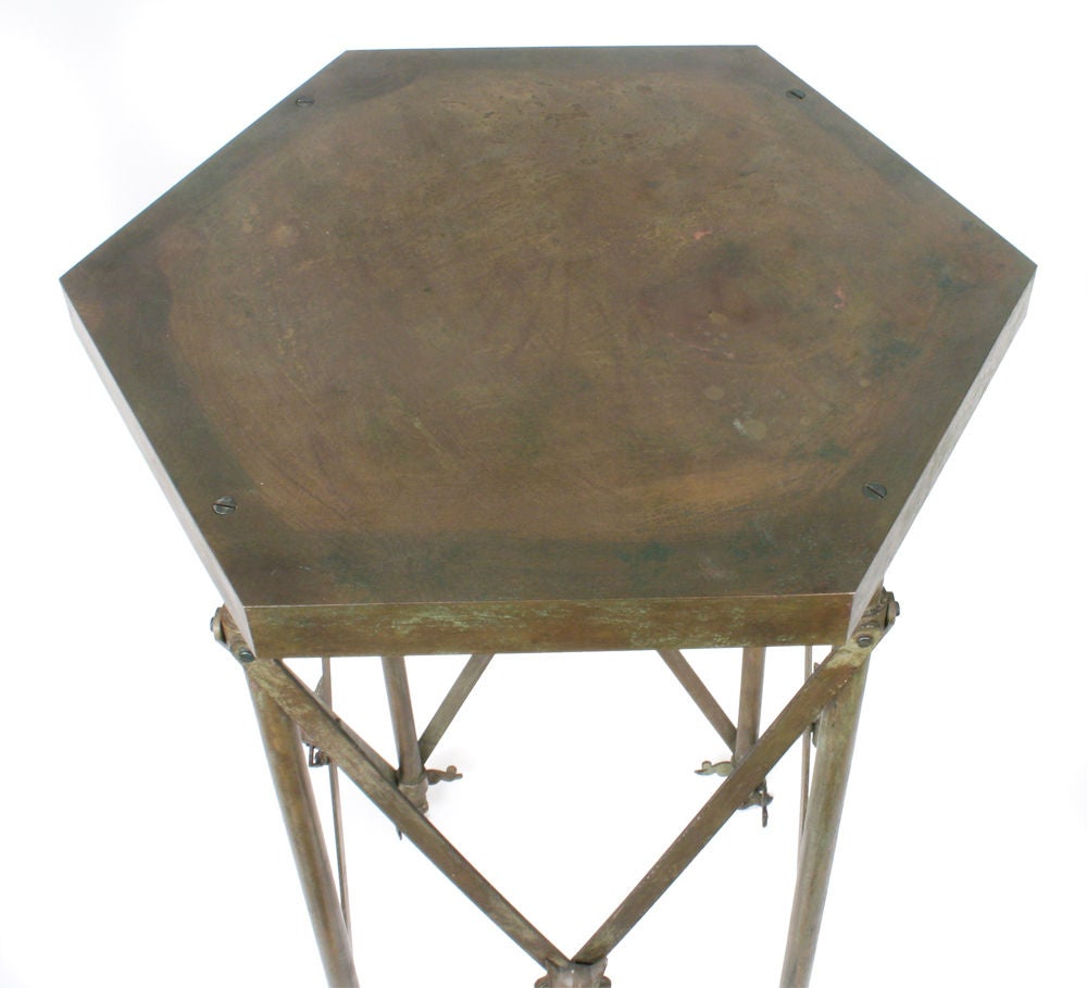 Pair of Patinated Brass Tall Hexagonal End Tables 2