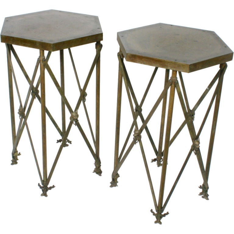 Pair of Patinated Brass Tall Hexagonal End Tables