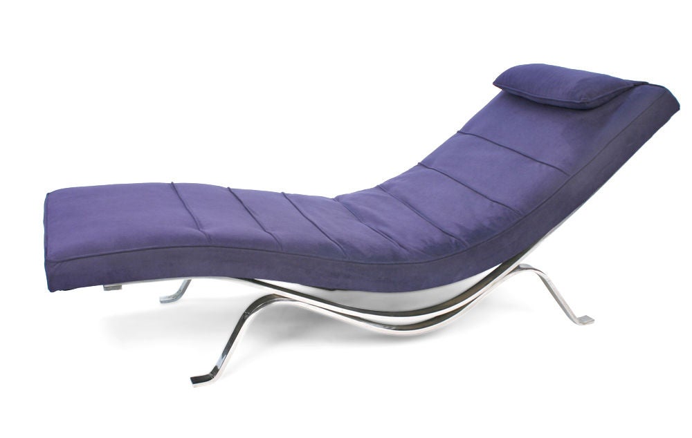 A rare chaise longue with an upholstered seat floating over a sculptural chrome-plated steel base, model  no. 5490. Designed by George Nelson Associates for Herman Miller.  American, circa 1956.

Literature: The Herman Miller Collection,