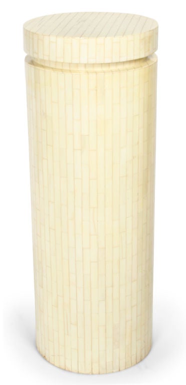 Mid-Century Modern Tall Cylindrical Column Bone Veneer Display Pedestal by Enrique Garces