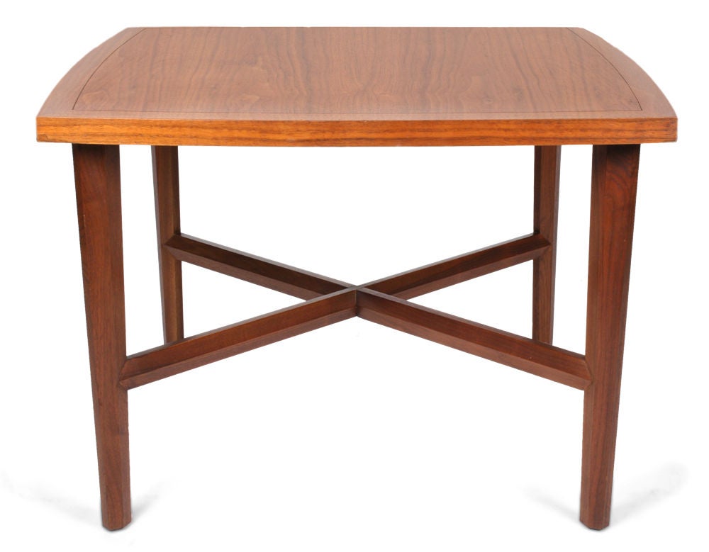 A fine lamp table with a flared square top on faceted tapered legs with an X-strecther; all in the Sundra finish. Widdicomb manufacturer's decal label and stencil [Sundra 12/59 3426] to the underside. After George Nakashima for Widdicomb. U.S.A.,