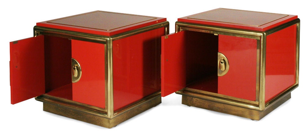 Brass Pair of Cinnabar Lacquered End Tables by Mastercraft
