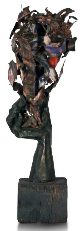 Folk Art Brutalist Flaming Hand Metal Sculpture