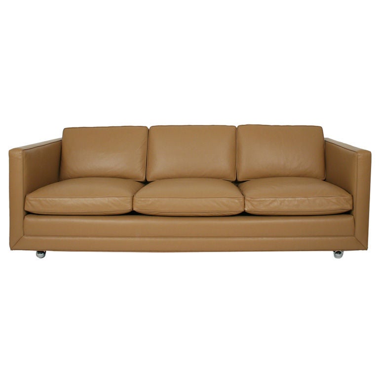 American Three-Seat Leather Tuxedo Sofa on Casters by Ward Bennett for Brickel For Sale
