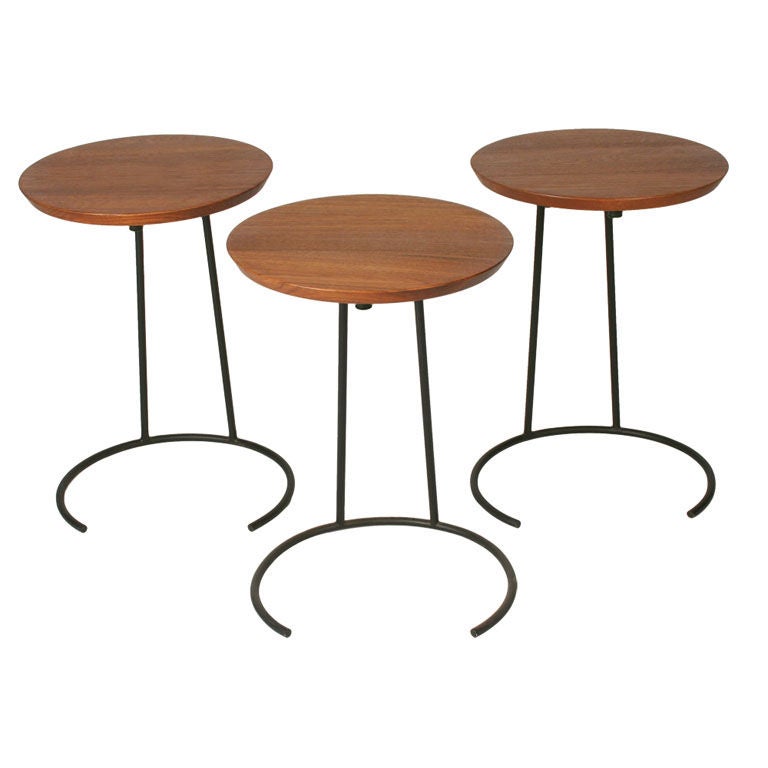 American Stacking Walnut and Wrought Iron Snack Tables by Jens Risom For Sale