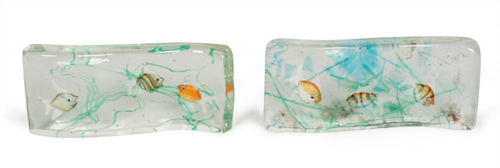 A wonderful pair of Murano glass blocks in rectangular S-forms with inclusions of tropical fish and sea plants within clear glass. By Cenedese/Barbini. Italy, circa 1960s.