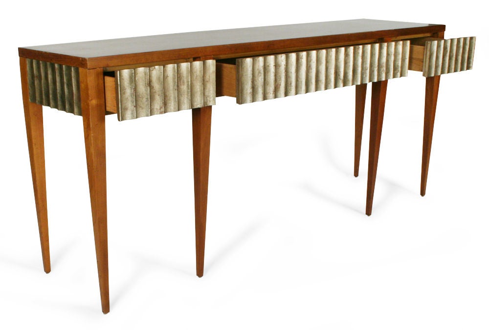 Silver Leaf Fluted Long Console by John Black for Baker In Excellent Condition In New York, NY