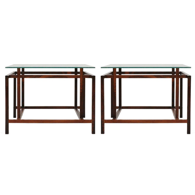 Pair of Rosewood Architectural Frame Side Tables by Komfort For Sale