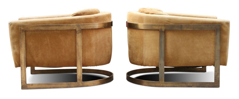 American Pair of Bronze Frame Upholstered Barrel Lounge Chairs For Sale