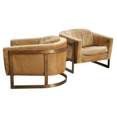 Pair of Bronze Frame Upholstered Barrel Lounge Chairs