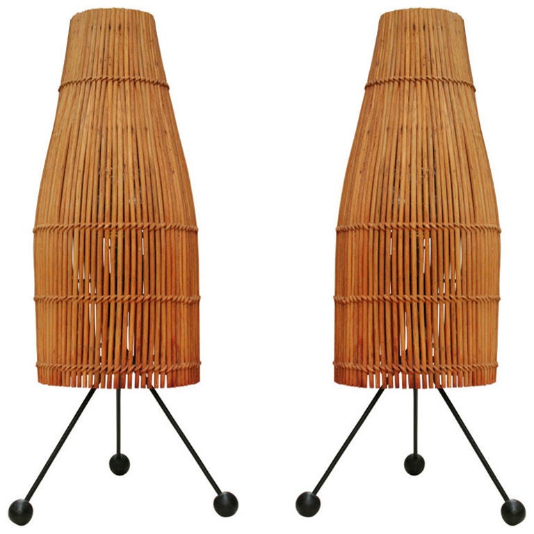 Pair of Wicker Fish Trap Table Lamps by Raymor For Sale