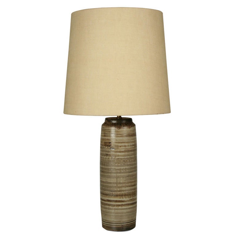 American Cylinder Form Striated Glazed Table Lamp by Nancy Wickham For Sale