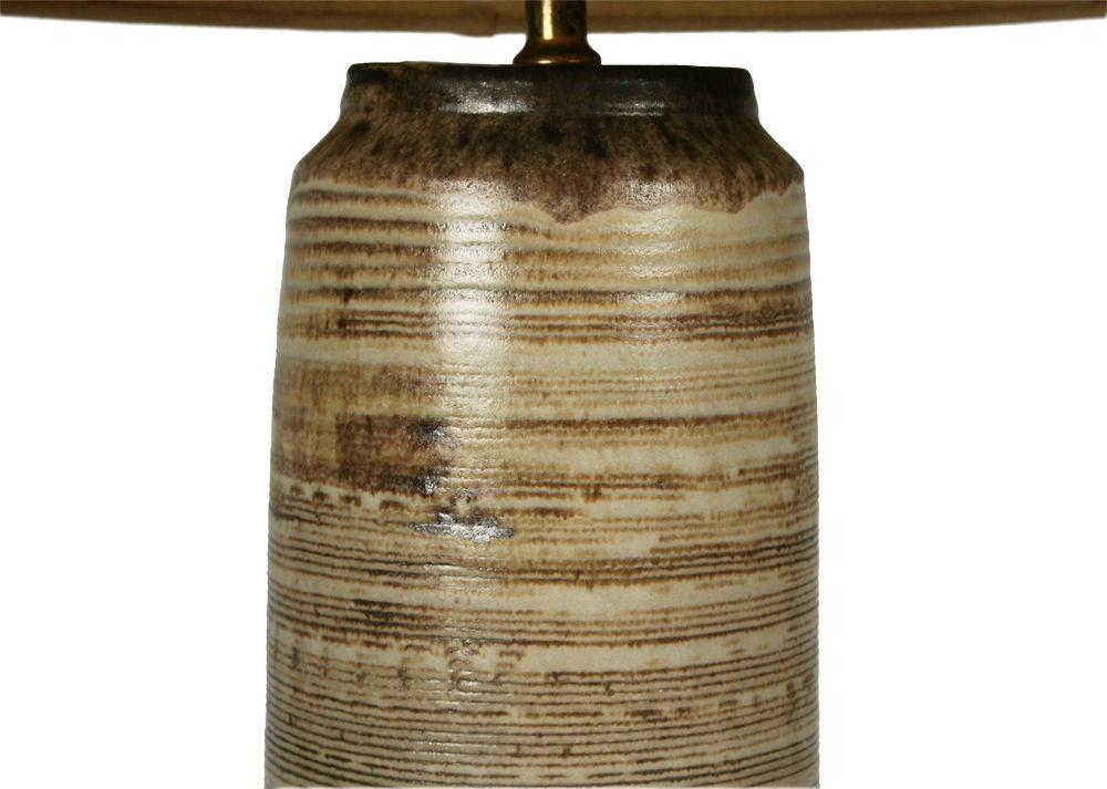 American Craftsman American Cylinder Form Striated Glazed Table Lamp by Nancy Wickham For Sale