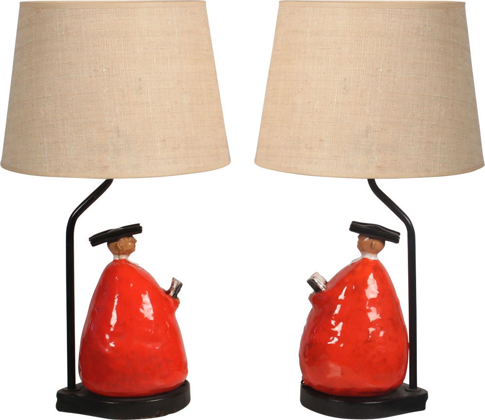 Mid-Century Modern Italian Abbot Form Ceramic Bedside Lamps For Sale