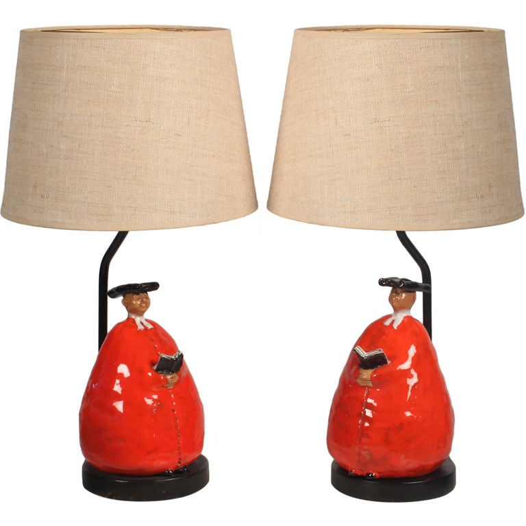Pair of Italian Abbot Form Ceramic Bedside Lamps For Sale at 1stDibs