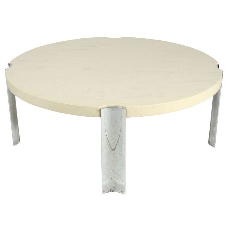 Marbelized Composite and Chromed Steel Circular Cocktail Table For Sale
