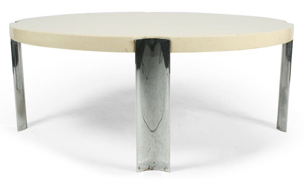 American Marbelized Composite and Chromed Steel Circular Cocktail Table For Sale