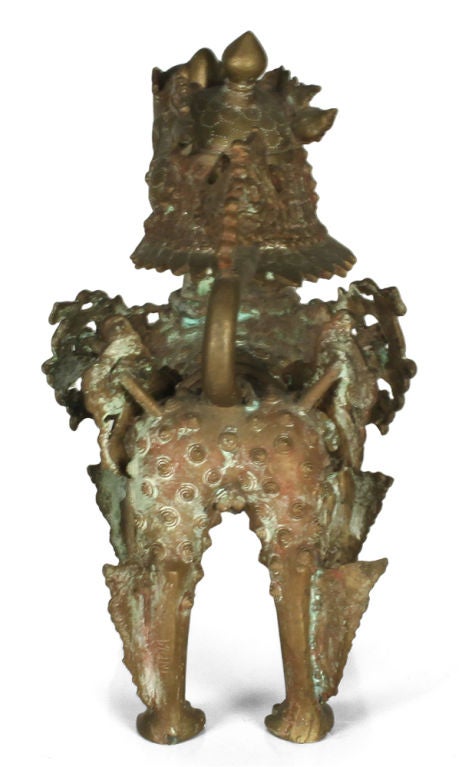 Folk Art Ornate Standing Bronze Fu Dog Sculpture