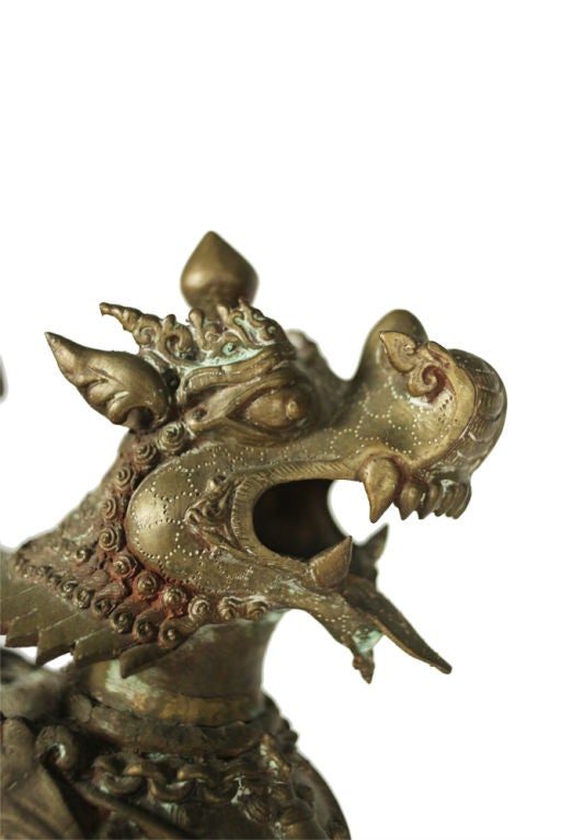 Ornate Standing Bronze Fu Dog Sculpture In Good Condition In New York, NY