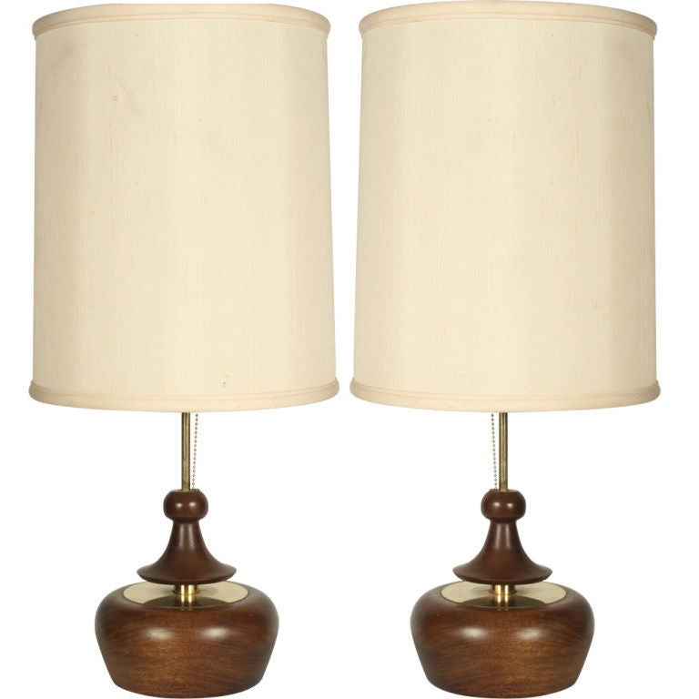American 'Spinning Tops' Turned Wood and Brass Table Lamps by Modeline For Sale