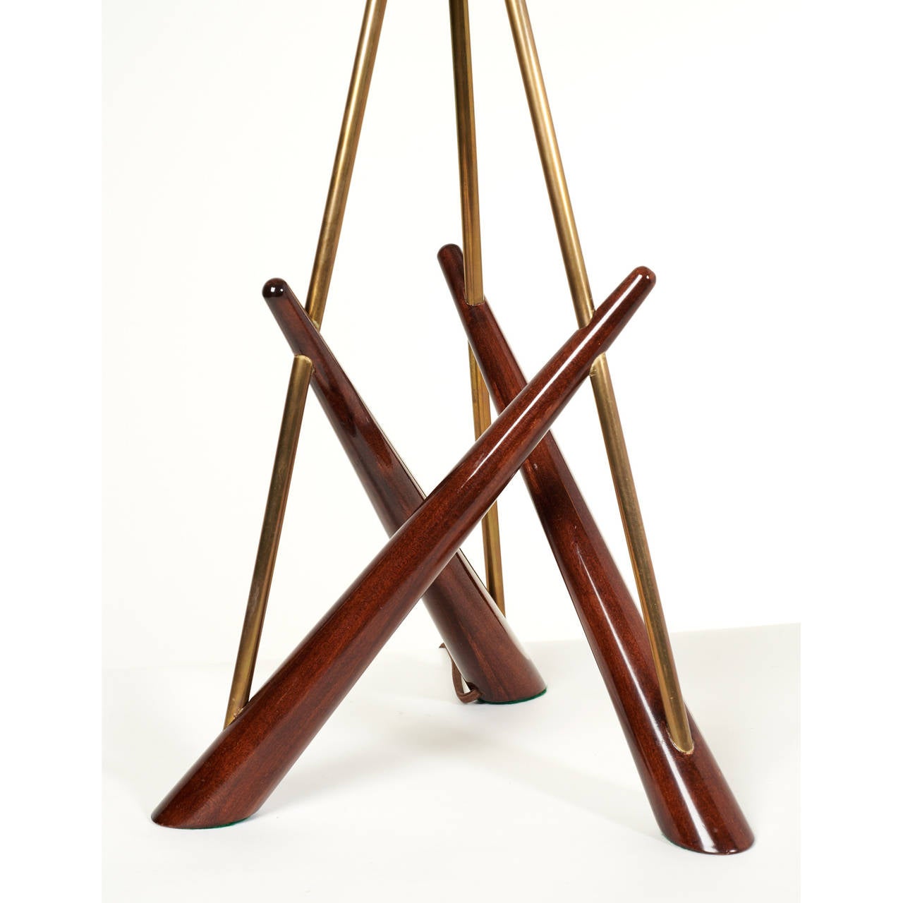 American Pair of ‘Constructivist’ Walnut and Brass Tripod Table Lamps