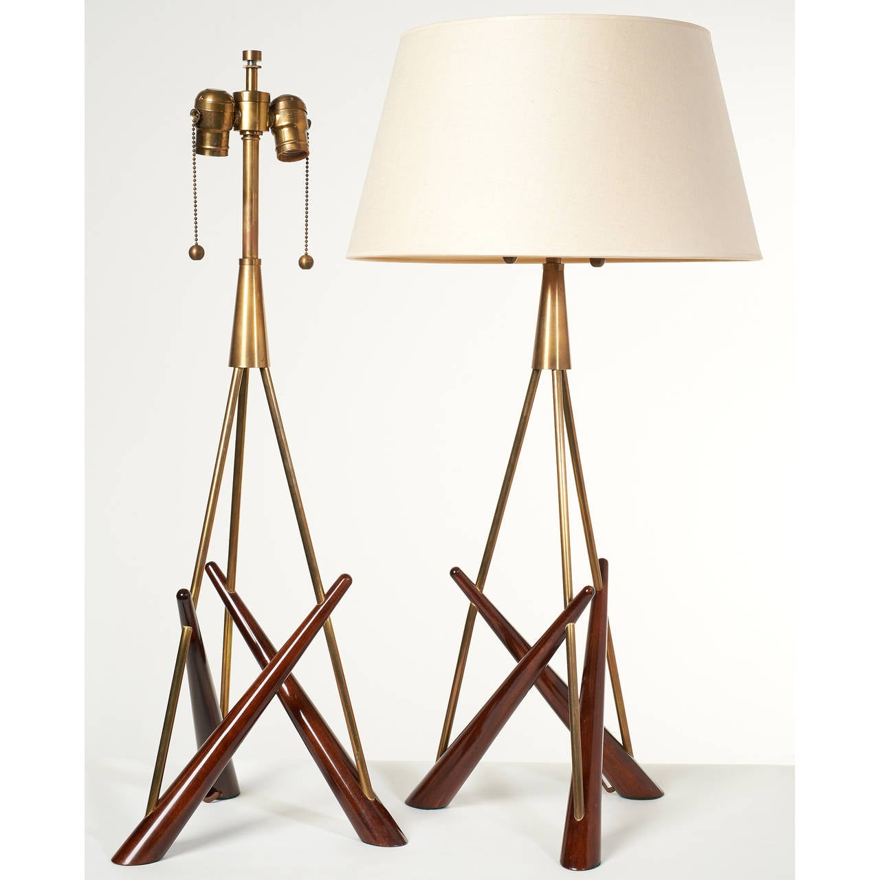 Mid-20th Century Pair of ‘Constructivist’ Walnut and Brass Tripod Table Lamps