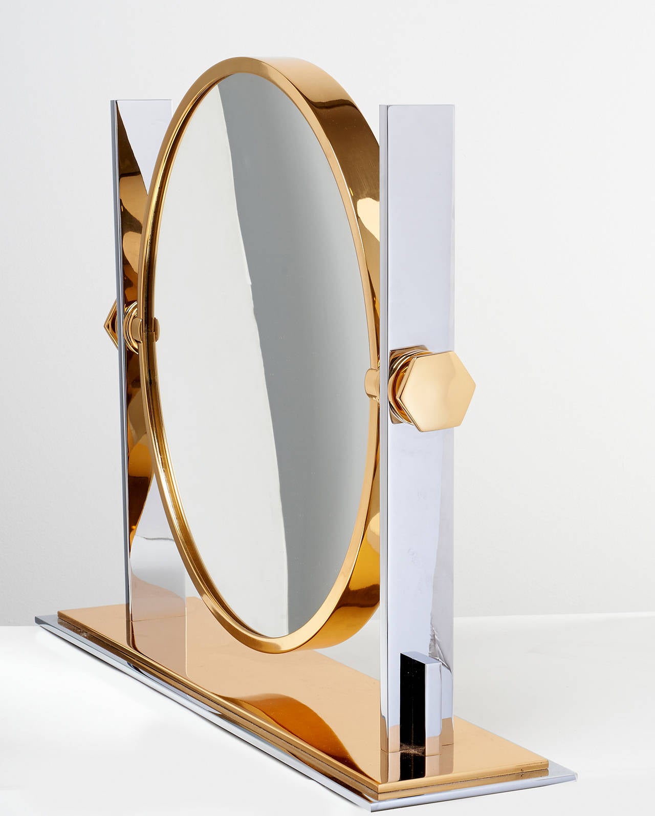 Hollywood Regency Polished Steel and Brass Vanity Mirror by Karl Springer