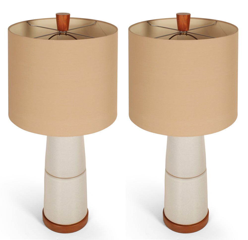 Mid-Century Modern Pair of Stone White Double Stack Ceramic Lamps by Gordon Martz