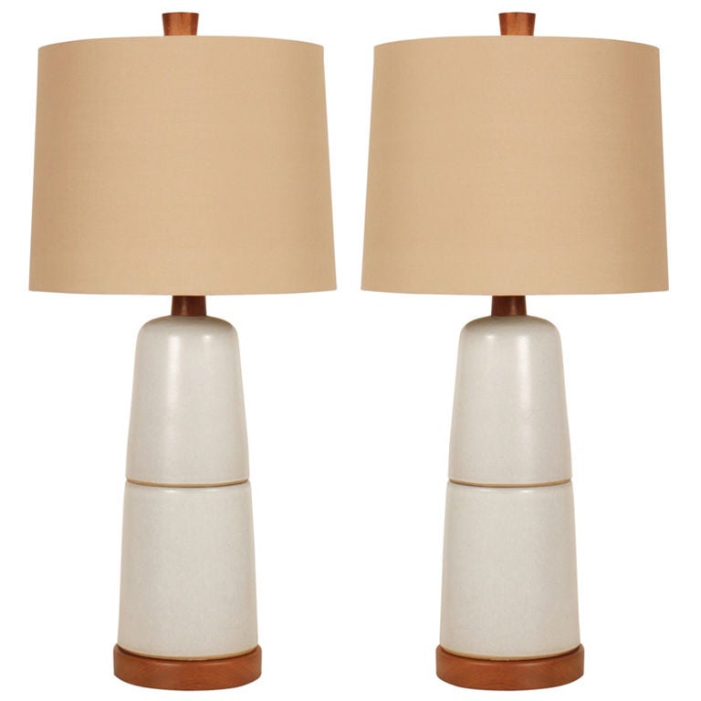 Pair of Stone White Double Stack Ceramic Lamps by Gordon Martz