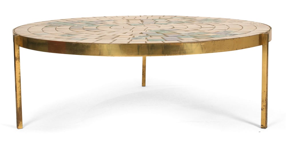 Mid-Century Modern Tile Top Bronze Frame Circular Cocktail Table by Mosaic House