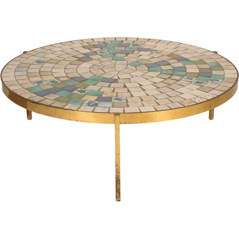 Tile Top Bronze Frame Circular Cocktail Table by Mosaic House