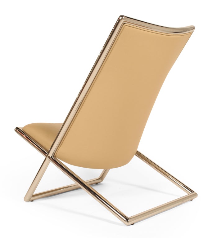 Stainless Steel Pair of Tan Leather 'Scissor' Chairs by Ward Bennett