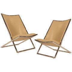 Pair of Tan Leather 'Scissor' Chairs by Ward Bennett