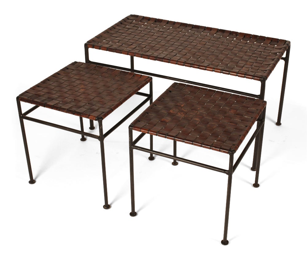 American Set of Three Woven Leather & Wrought Iron Nesting Tables